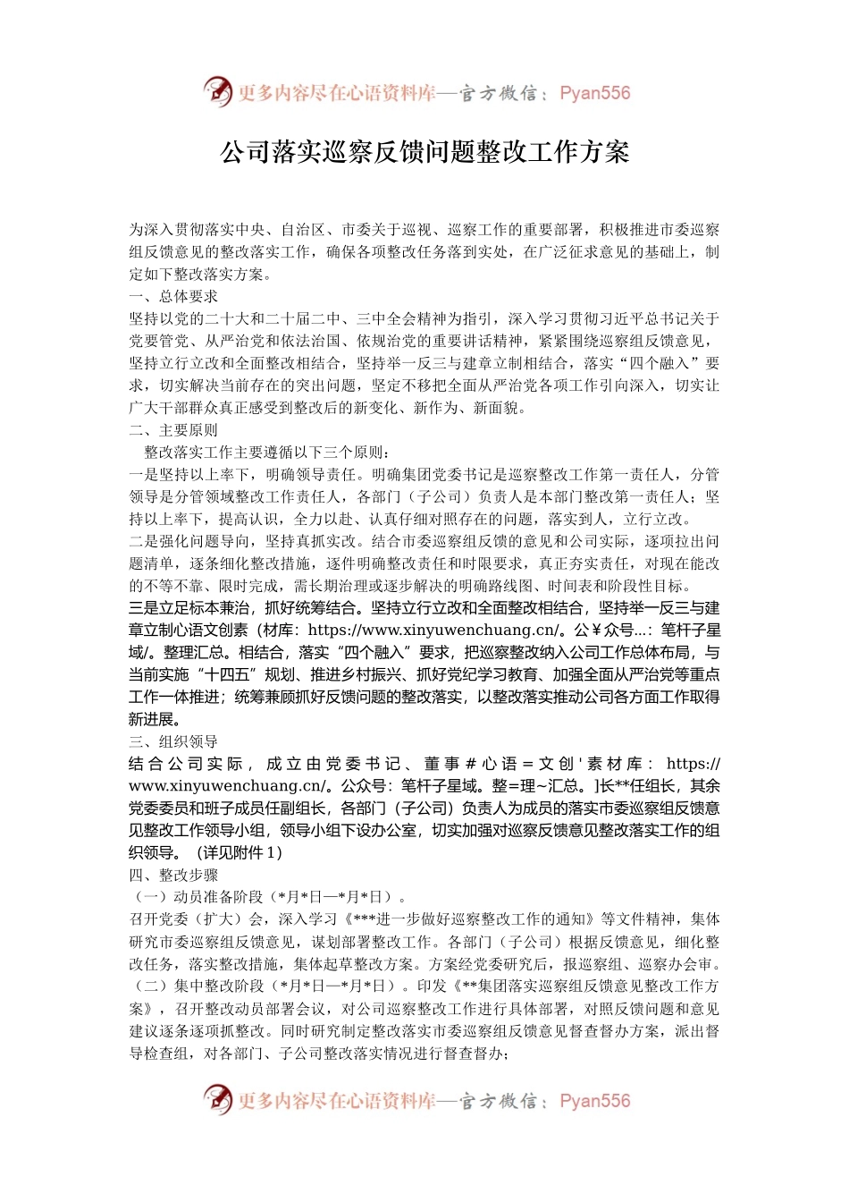 公司落实巡察反馈问题整改工作方案.docx_第1页