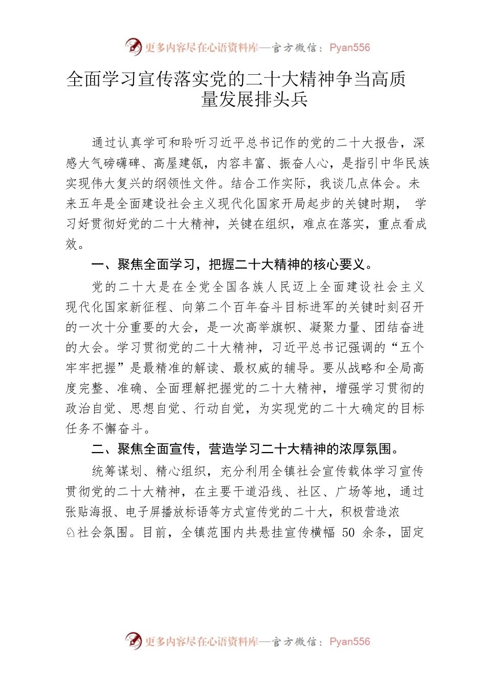 全面学习宣传落实党的二十大精神争当高质量发展排头兵.docx_第1页