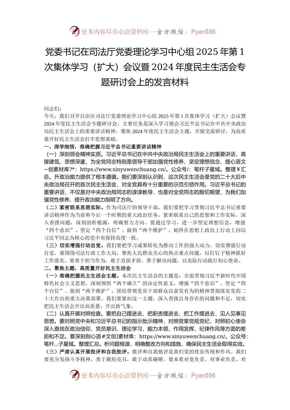 党委书记在司法厅党委理论学习中心组2025年第1次集体学习（扩大）会议暨2024年度民主生活会专题研讨会上的发言材料.docx_第1页