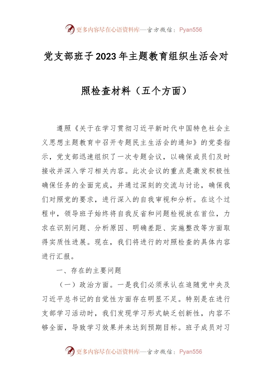 党支部班子2023年主题教育组织生活会对照检查材料（五个方面）.docx_第1页