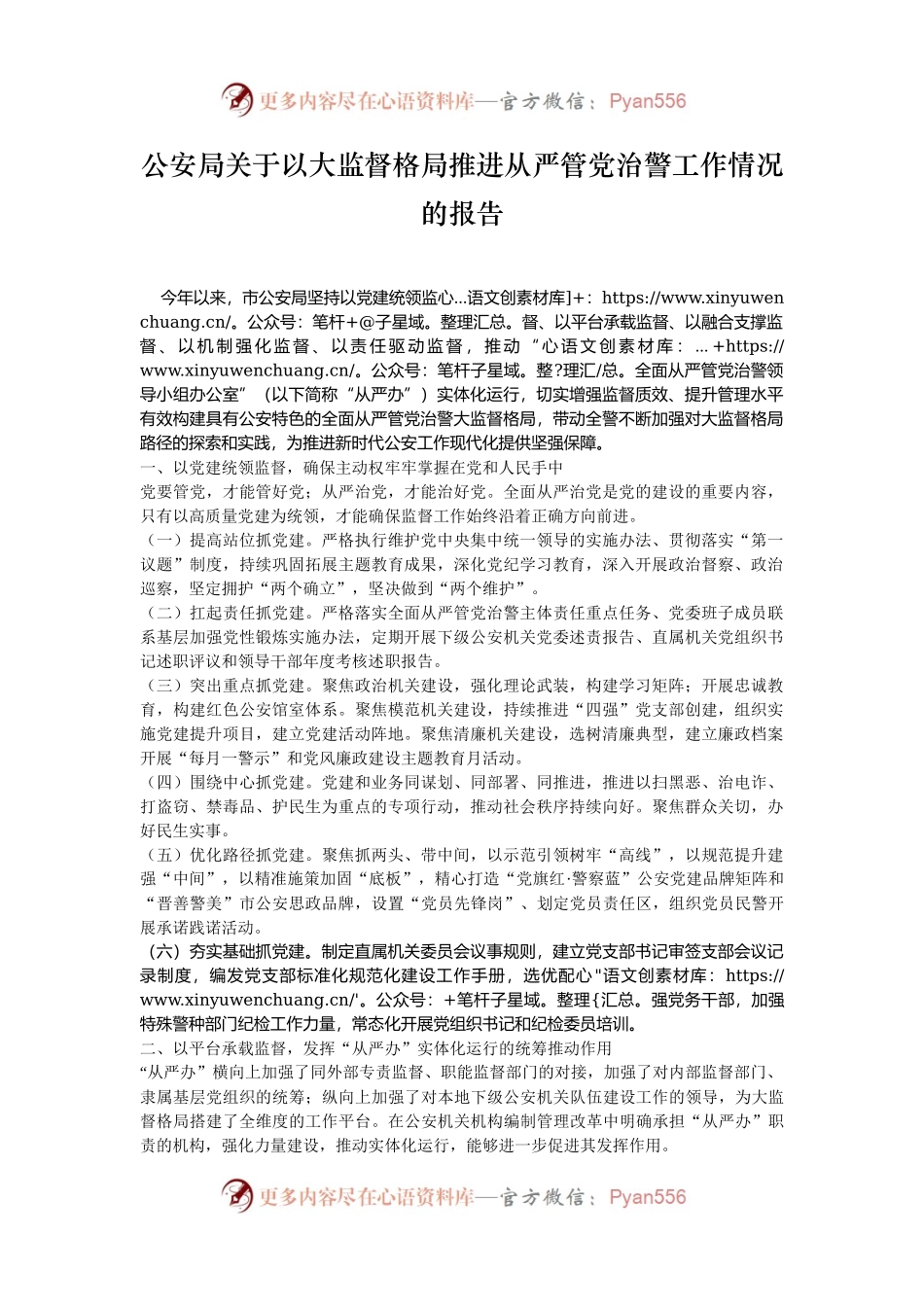 公安局关于以大监督格局推进从严管党治警工作情况的报告.docx_第1页