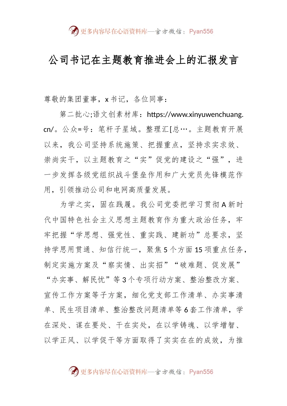 公司书记在主题教育推进会上的汇报发言.docx_第1页