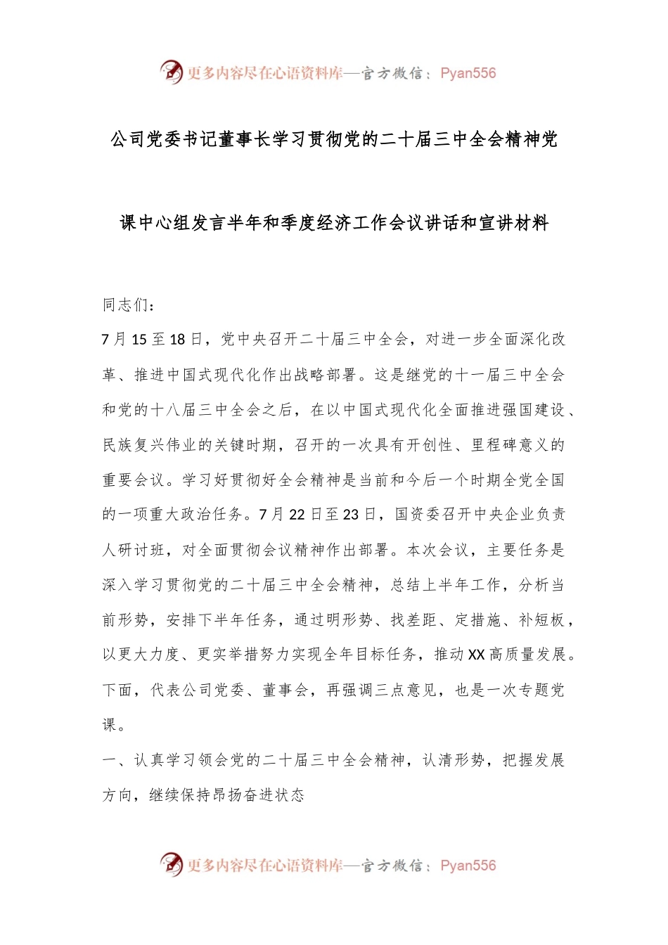 公司党委书记董事长学习贯彻党的二十届三中全会精神党课中心组发言半年和季度经济工作会议讲话和宣讲材料.docx_第1页