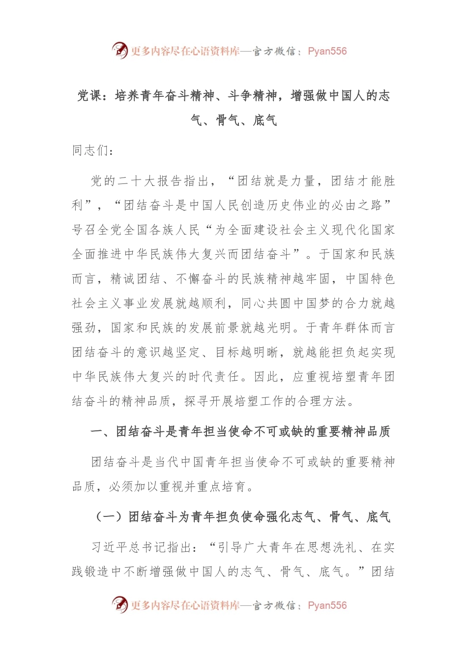 党课：培养青年奋斗精神、斗争精神，增强做中国人的志气、骨气、底气.docx_第1页