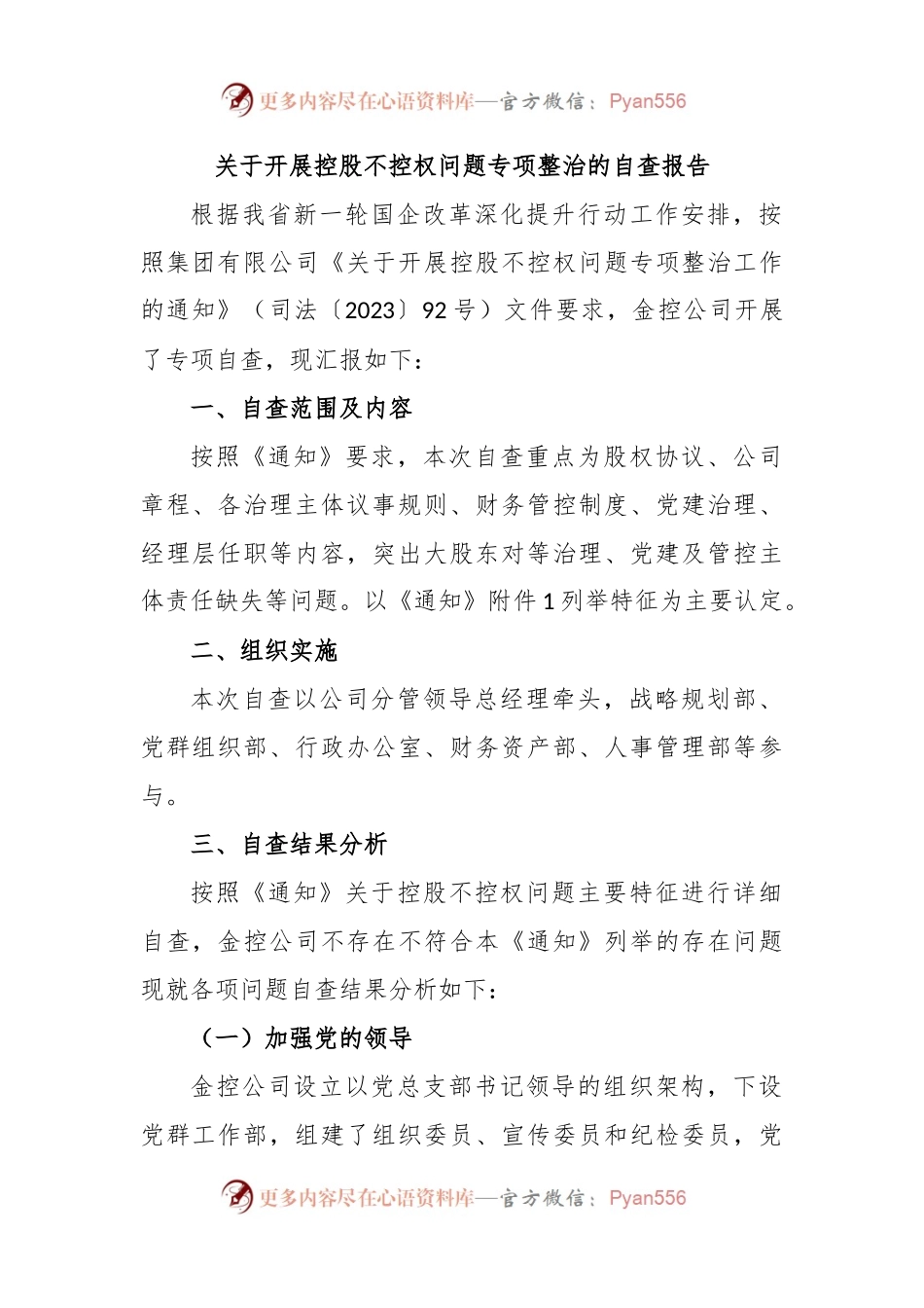 关于开展控股不控权问题专项整治的自查报告.docx_第1页