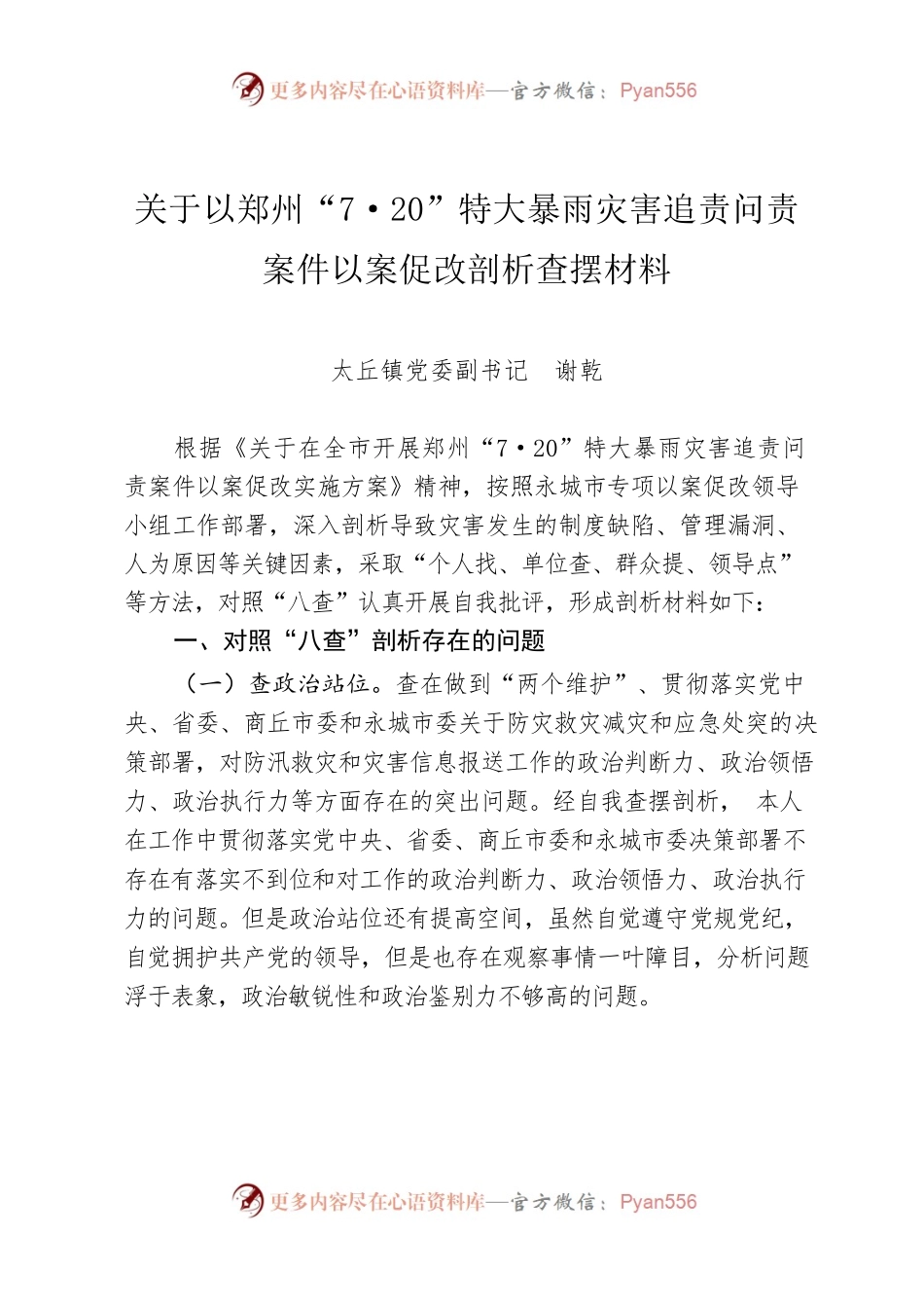 关于以郑州“7·20”特大暴雨灾害追责问责 案件以案促改剖析查摆材料.docx_第1页