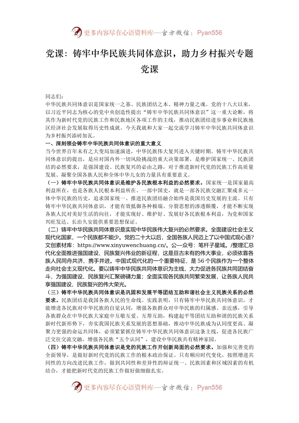 党课：铸牢中华民族共同体意识，助力乡村振兴专题党课.docx_第1页