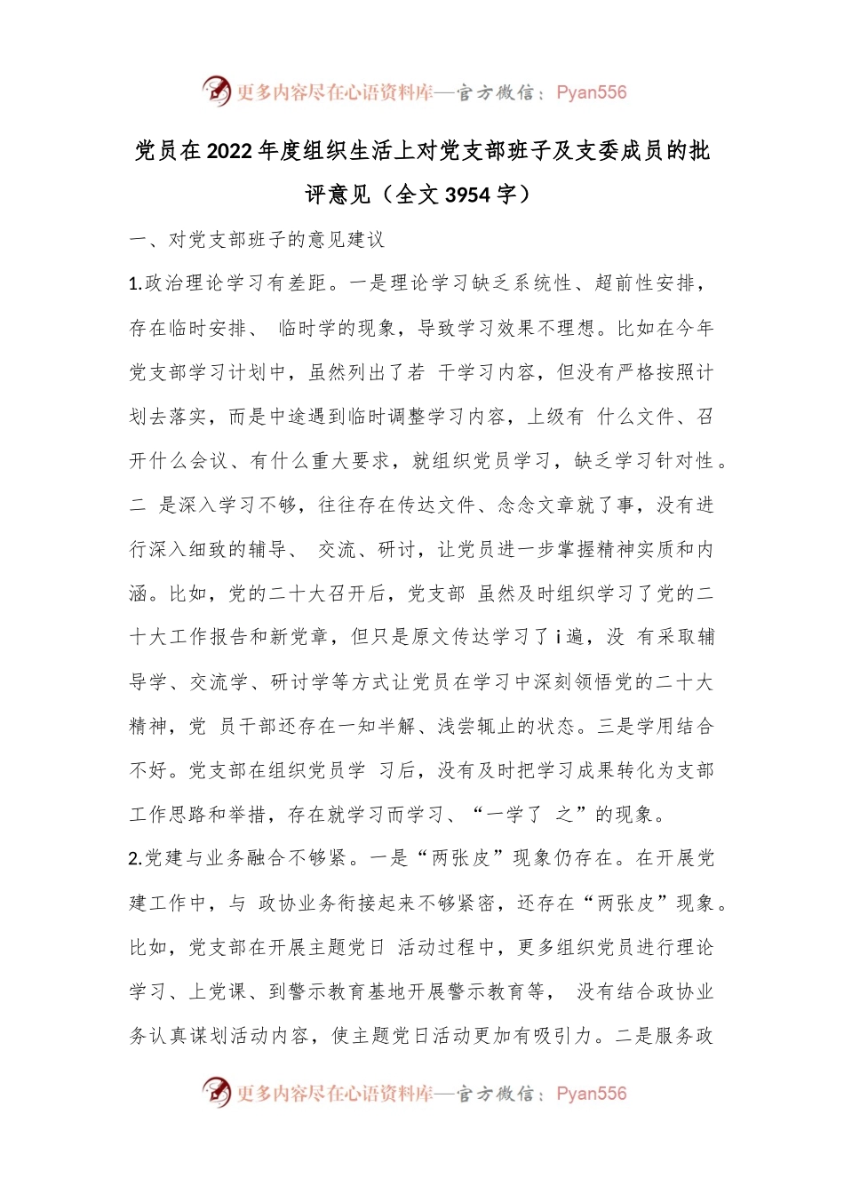 党员在2022年度组织生活上对党支部班子及支委成员的批评意见（全文3954字）.docx_第1页
