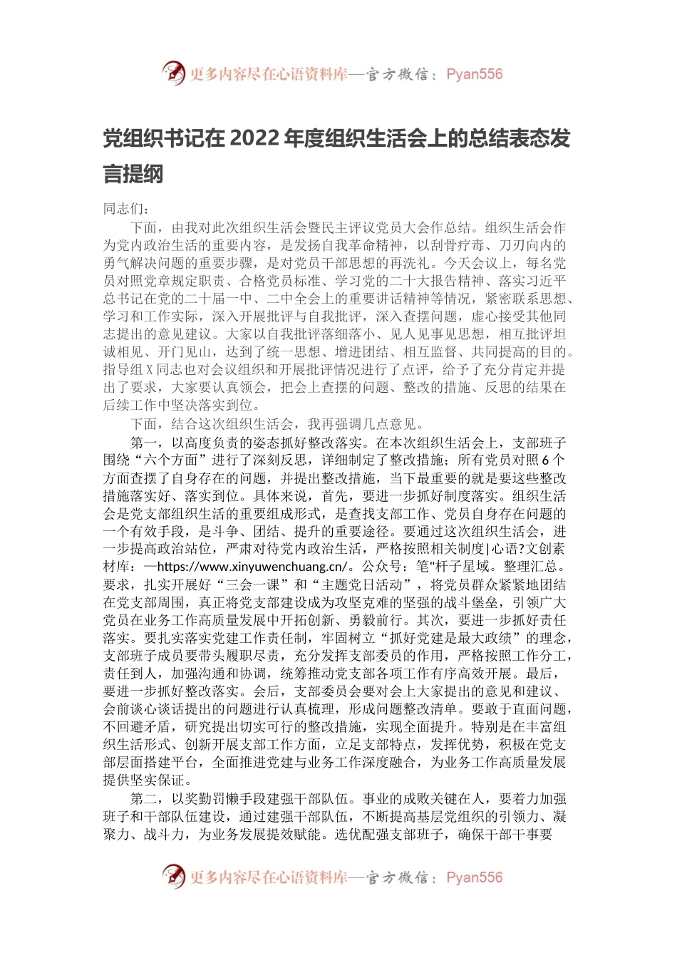 党组织书记在2022年度组织生活会上的总结表态发言提纲.docx_第1页