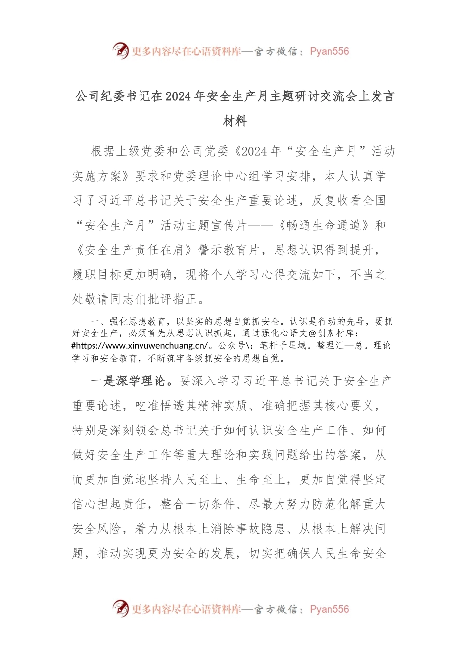 公司纪委书记在2024年安全生产月主题研讨交流会上发言材料.docx_第1页