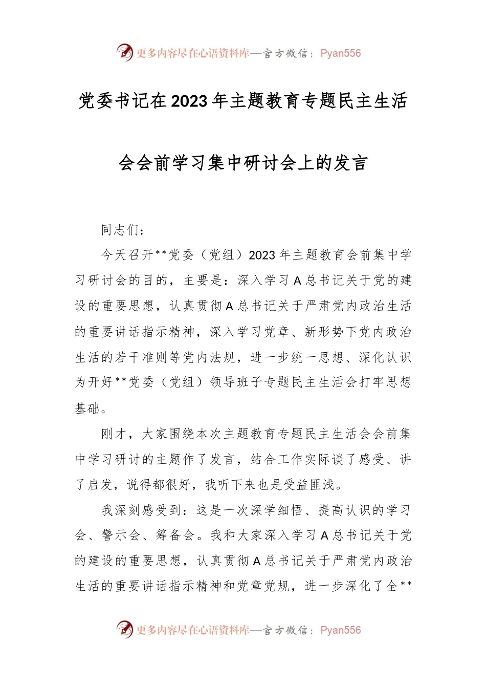 党委书记在2023年主题教育专题民主生活会会前学习集中研讨会上的发言.docx_第1页