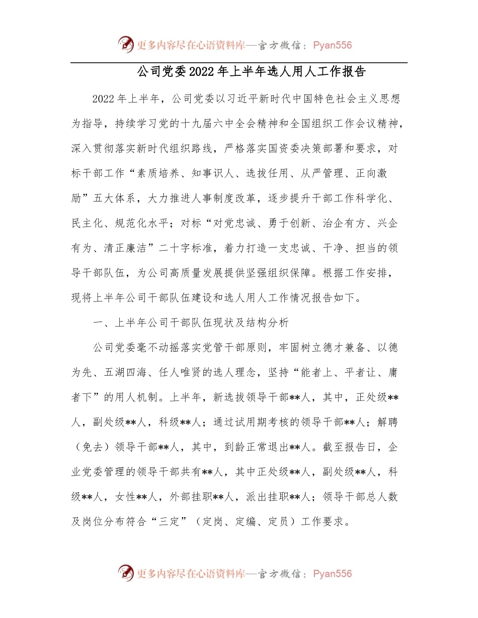 公司党委2022年上半年选人用人工作报告.docx_第1页
