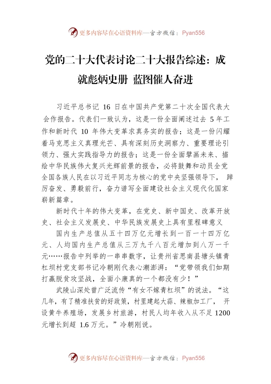 党的二十大代表讨论二十大报告综述：成就彪炳史册 蓝图催人奋进（20221017）.docx_第1页