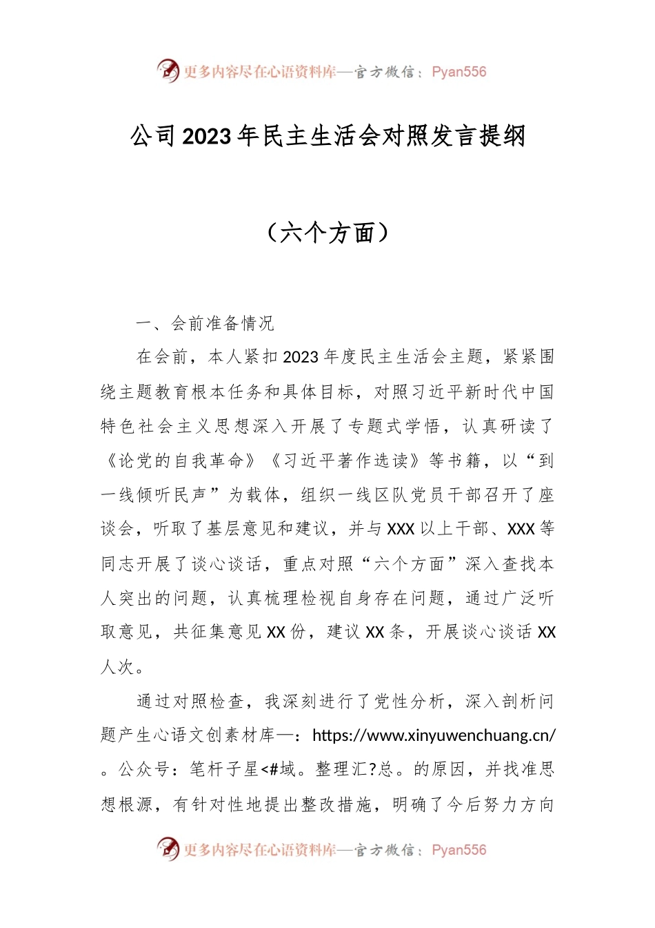 公司2023年民主生活会对照发言稿提纲（六个方面）.docx_第1页