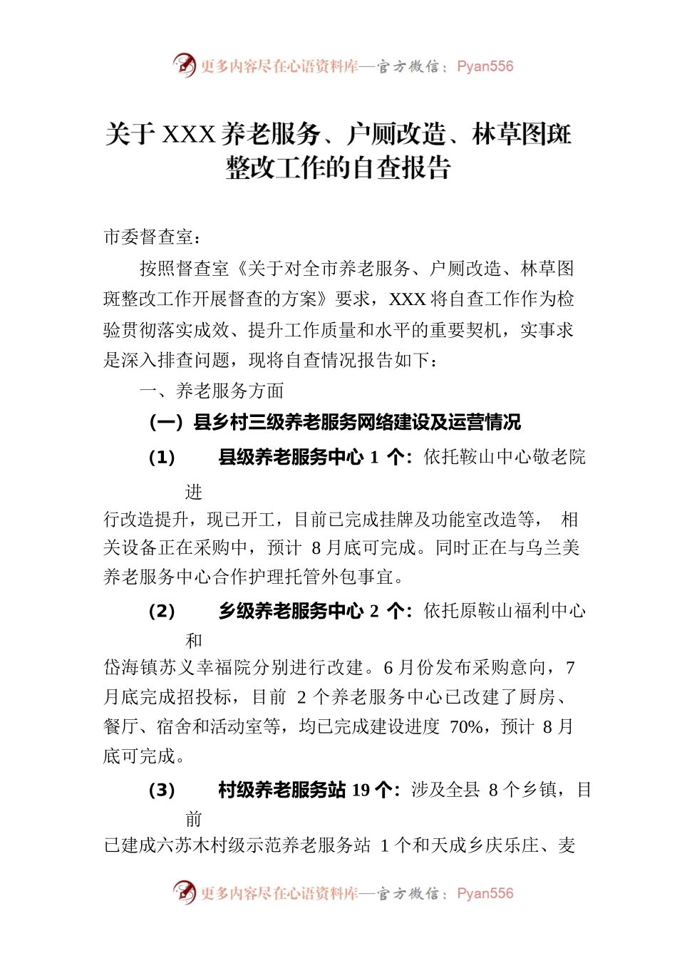 关于XXX养老服务、户厕改造、林草图斑整改工作的自查报告.docx_第1页