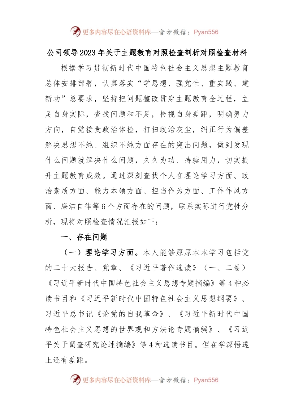 公司领导2023年关于主题教育对照检查剖析对照检查材料.docx_第1页