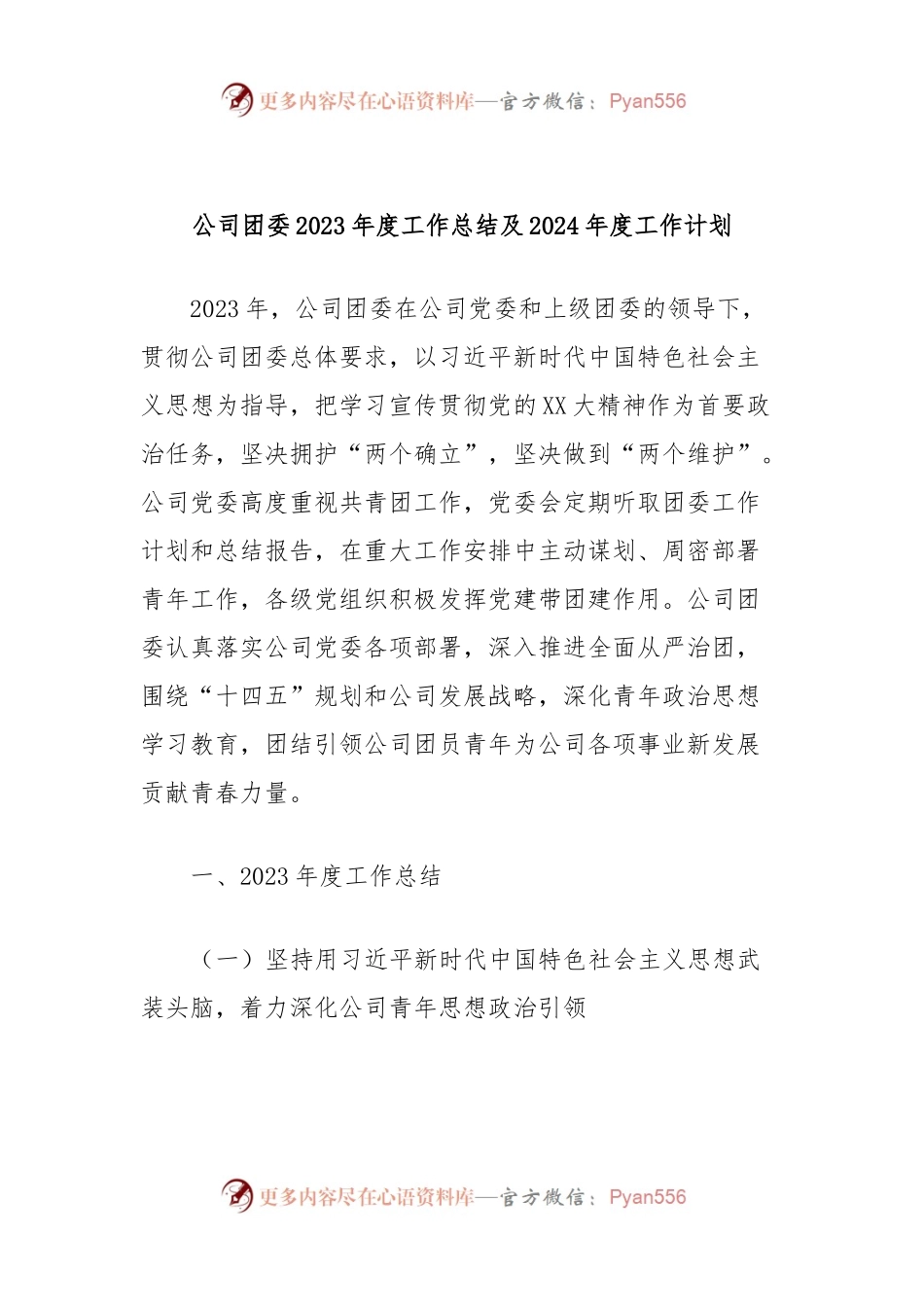 公司团委2023年度工作总结及2024年度工作计划.docx_第1页