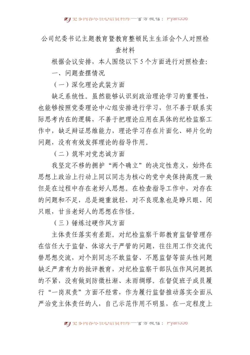 公司纪委书记主题教育暨教育整顿民主生活会个人对照检查材料.docx_第1页
