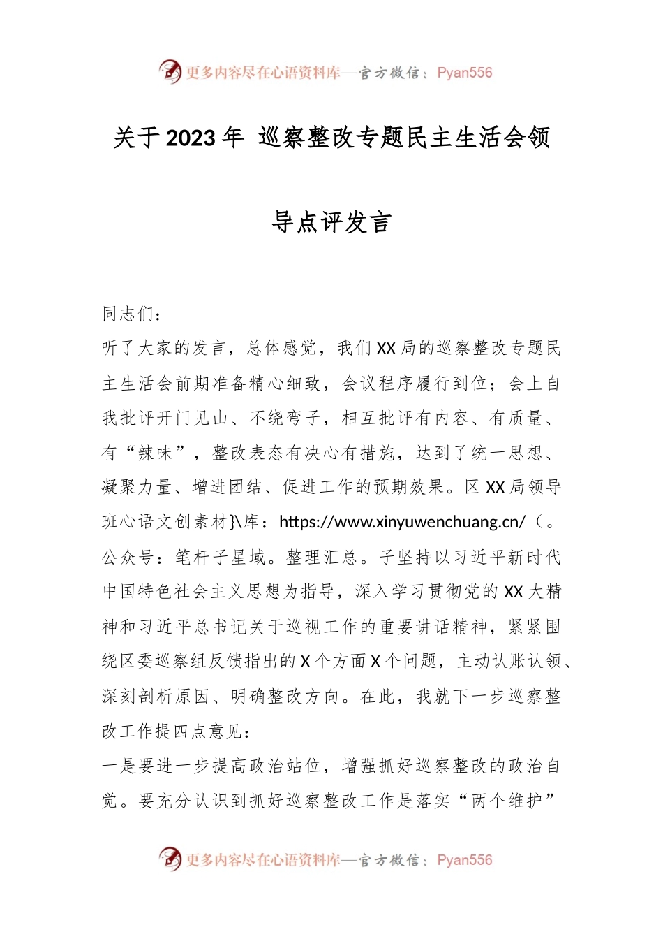 关于2023年 巡察整改专题民主生活会领导点评发言.docx_第1页