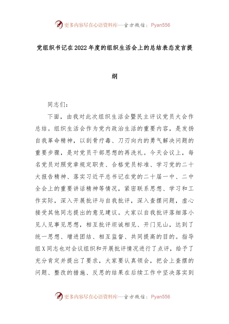 党组织书记在2022年度的组织生活会上的总结表态发言提纲.docx_第1页