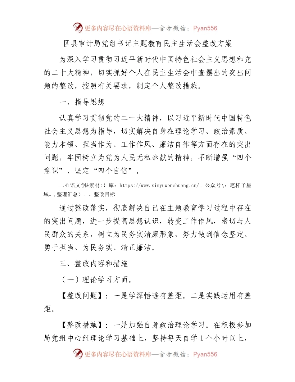 区县审计局党组书记主题教育民主生活会整改方案.docx_第1页