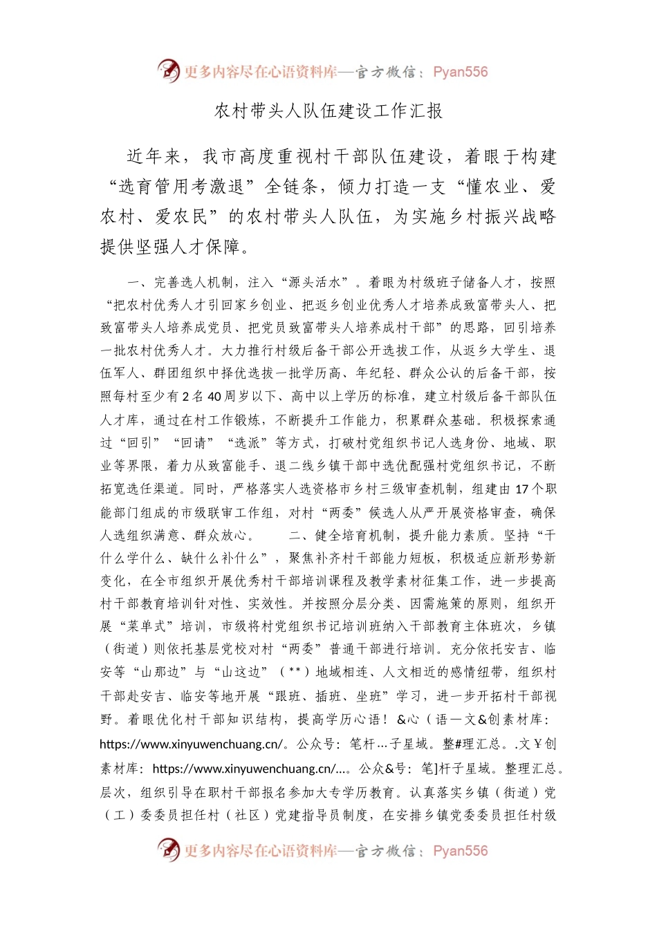 农村带头人队伍建设工作汇报.docx_第1页