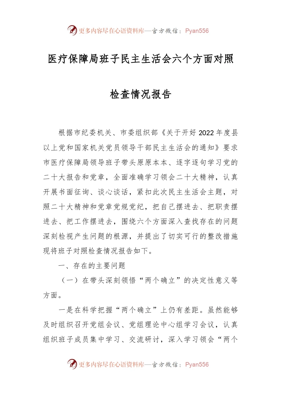 医疗保障局班子民主生活会六个方面对照检查情况报告.docx_第1页