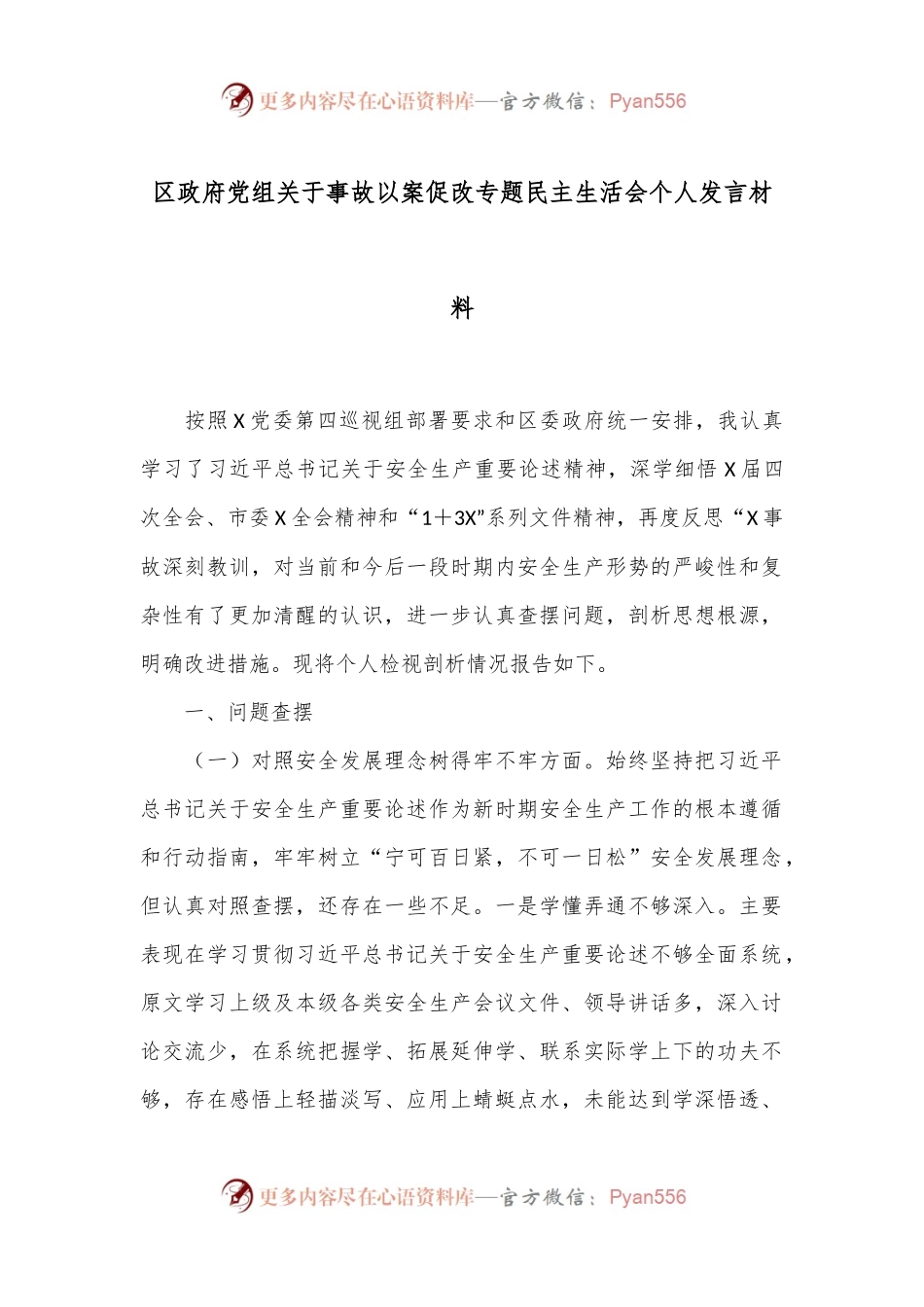 区政府党组关于事故以案促改专题民主生活会个人发言材料.docx_第1页