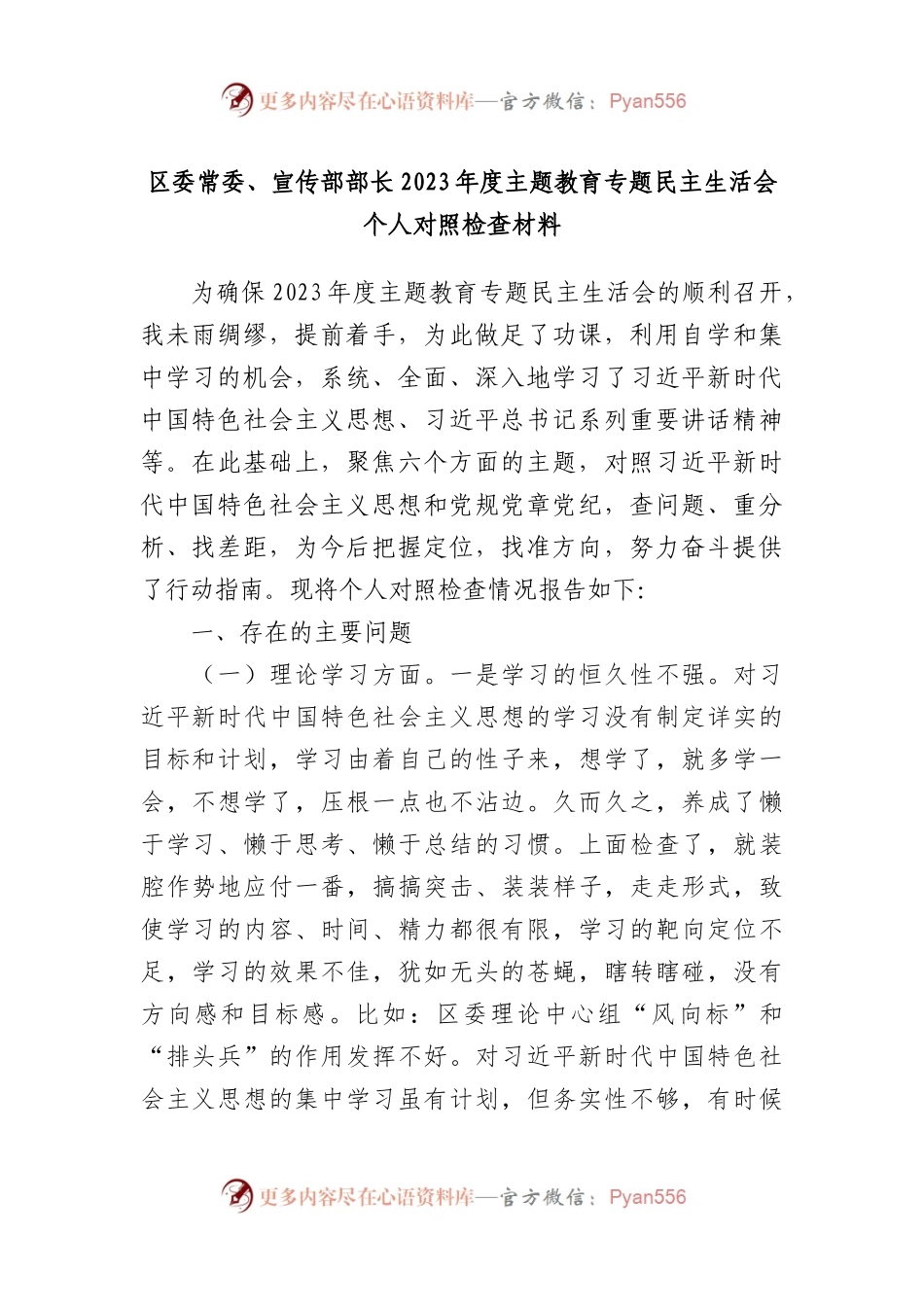 区委常委、宣传部部长2023年度主题教育专题民主生活会个人对照检查材料.docx_第1页