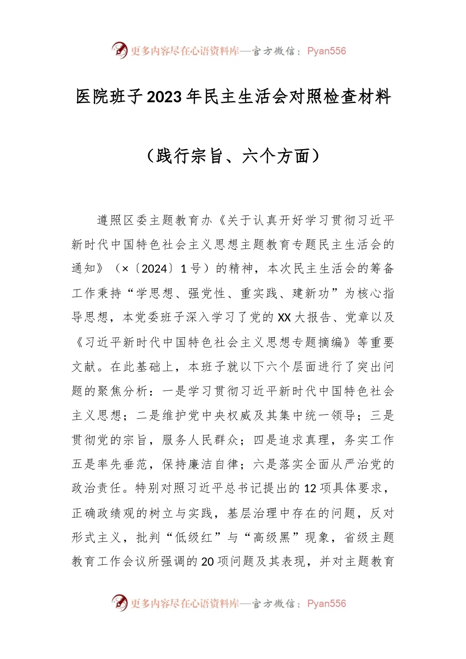 医院班子2023年民主生活会对照检查材料（践行宗旨、六个方面）.docx_第1页