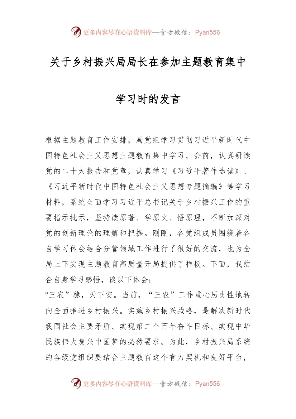 关于乡村振兴局局长在参加主题教育集中学习时的发言.docx_第1页