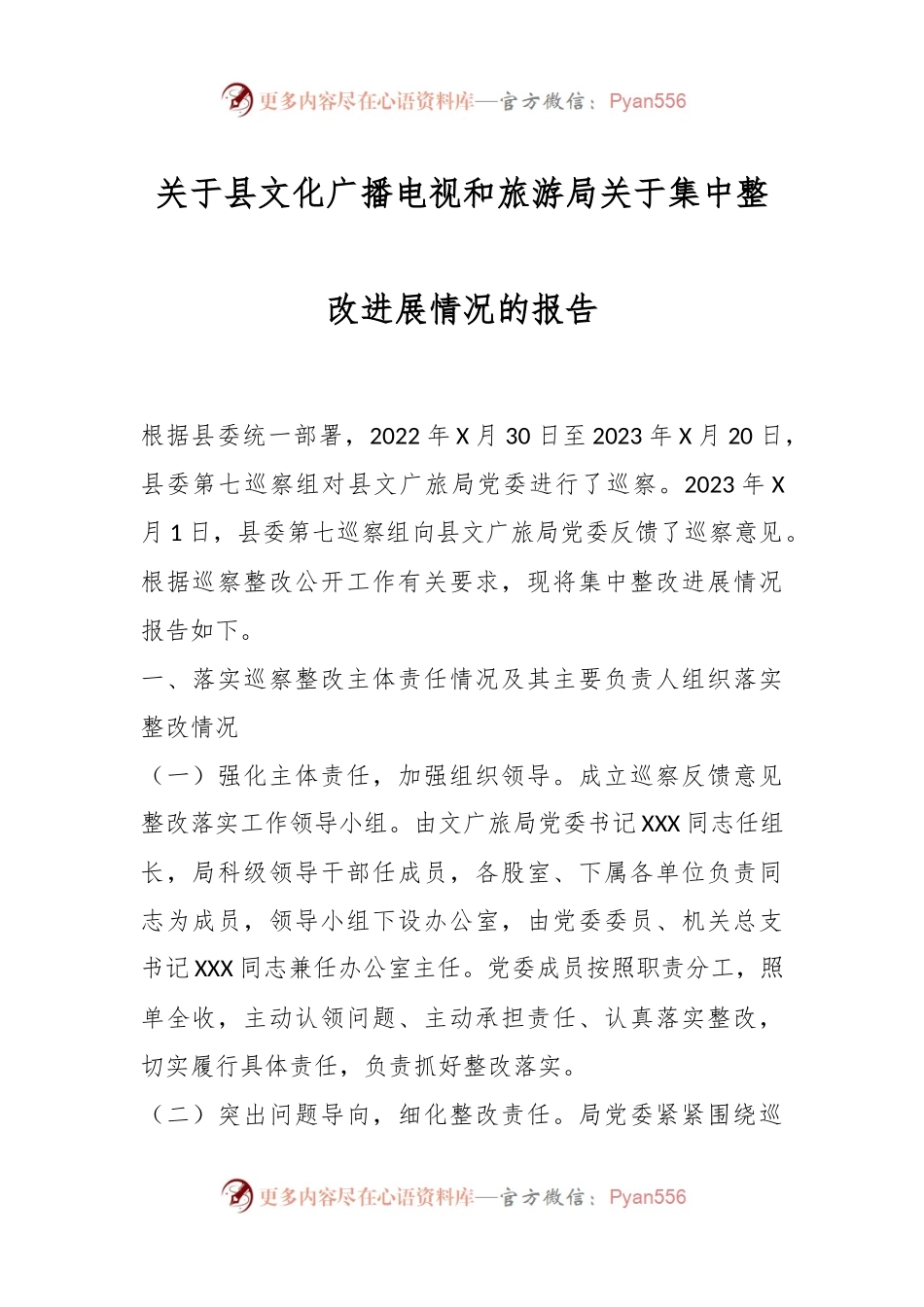 关于县文化广播电视和旅游局关于集中整改进展情况的报告.docx_第1页