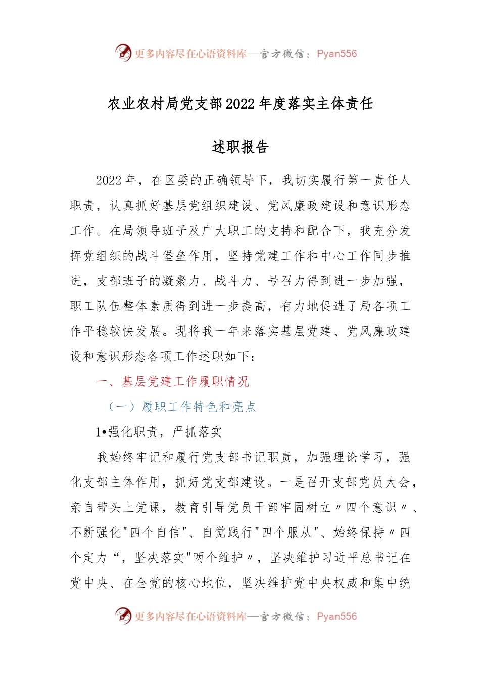 农业农村局党支部2022年度落实主体责任述职报告..docx_第1页