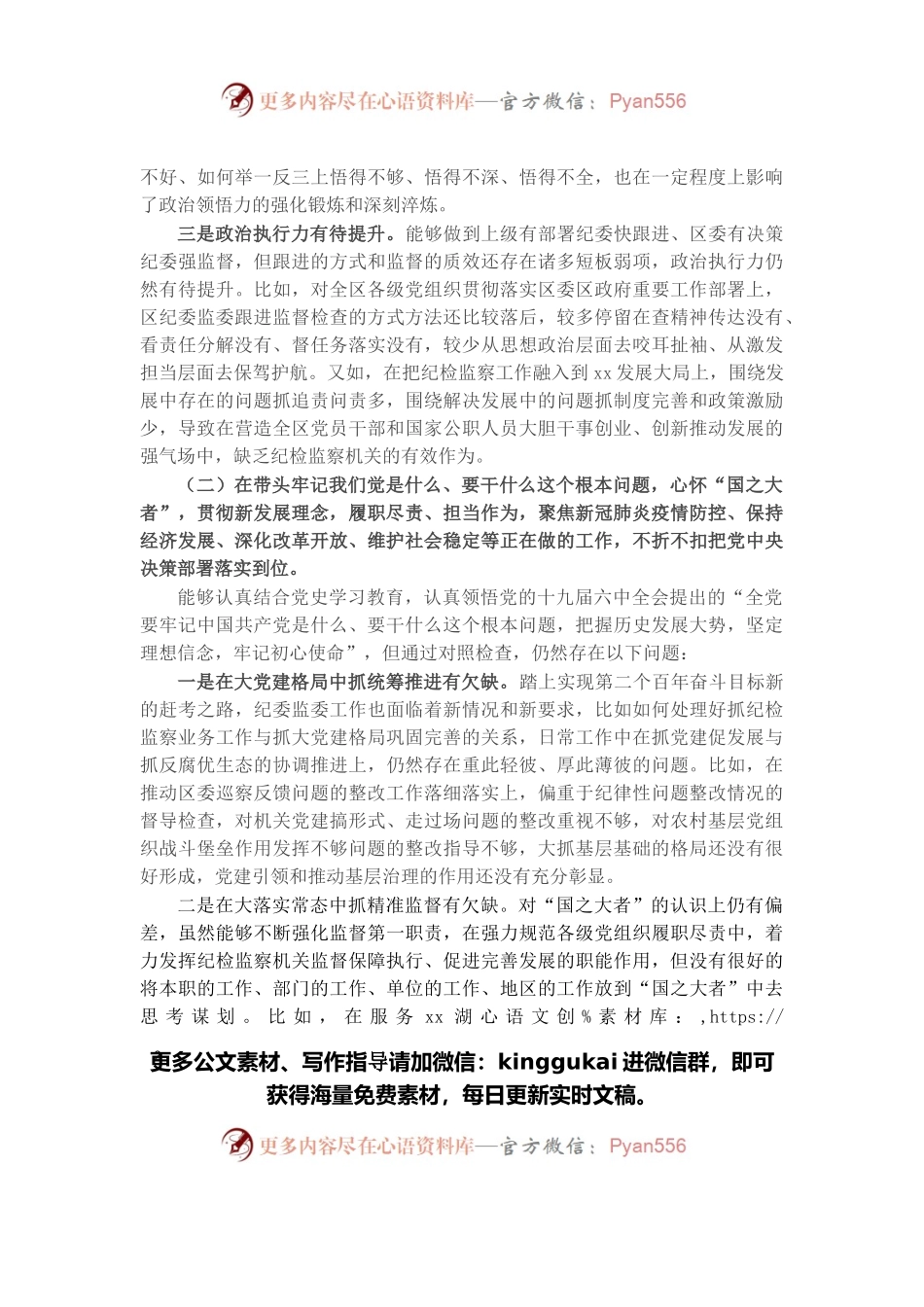 区纪委书记、监委主任党史学习教育专题民主生活会五个带头对照检查材料.docx_第2页