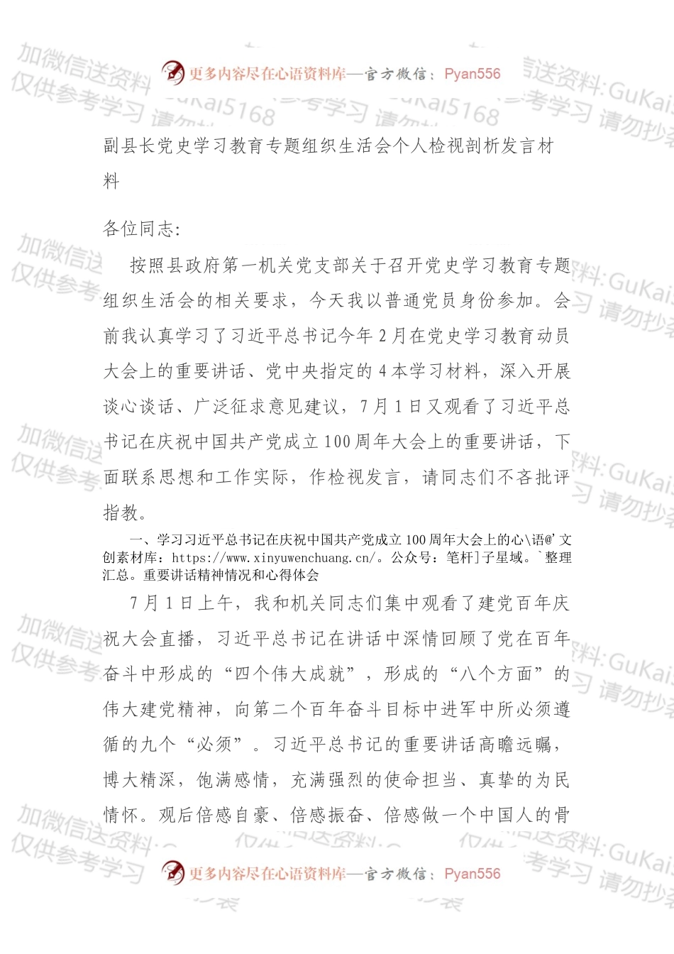 副县长党史学习教育专题组织生活会个人检视剖析发言材料.docx_第1页