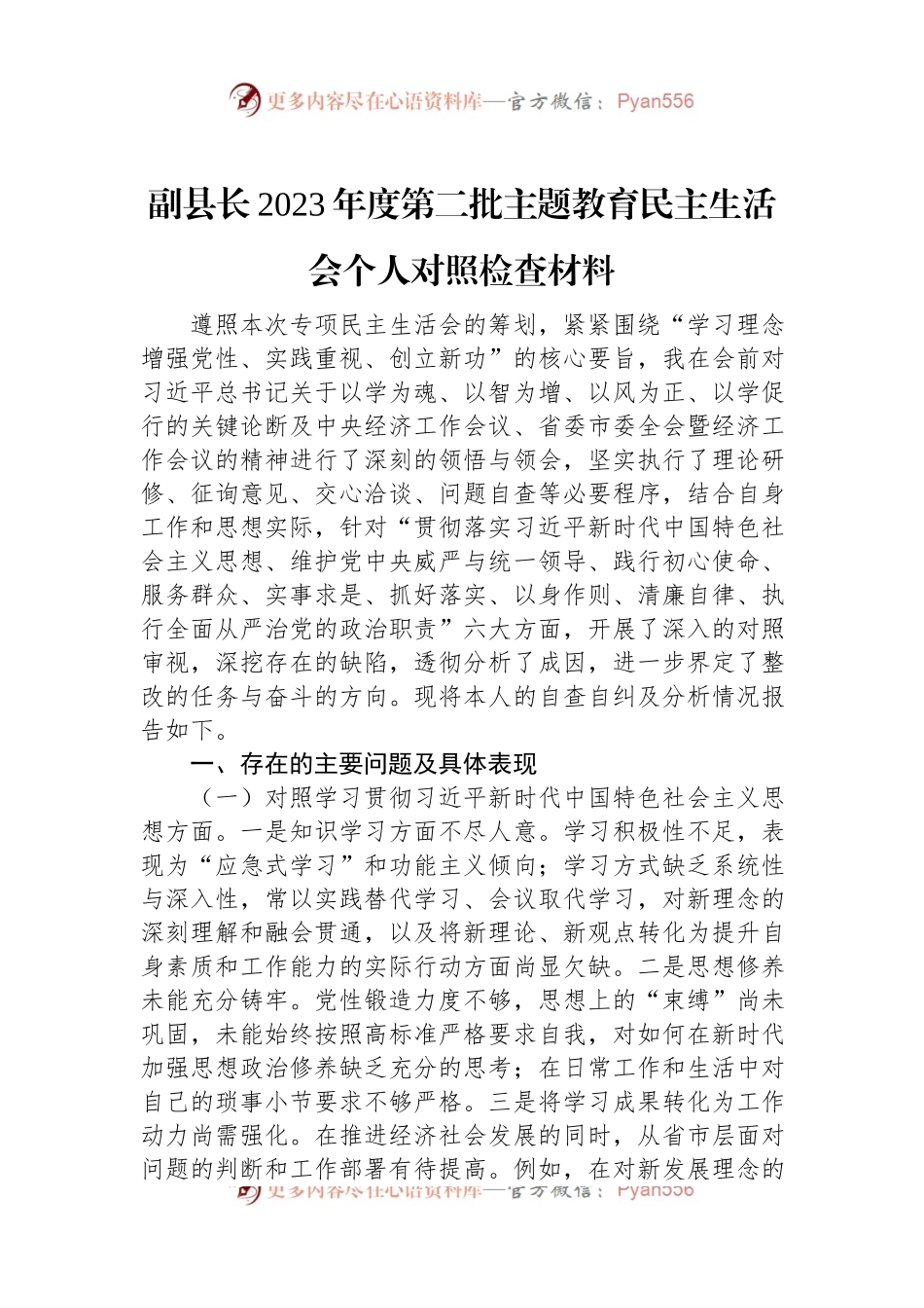 副县长2023年度第二批主题教育民主生活会个人对照检查材料.docx_第1页