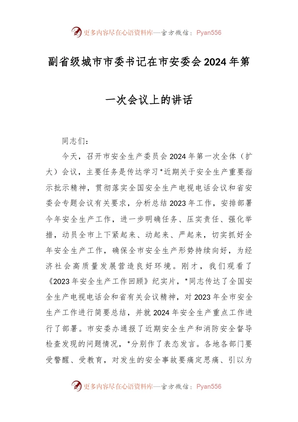 副省级城市市委书记在市安委会2024年第一次会议上的讲话.docx_第1页