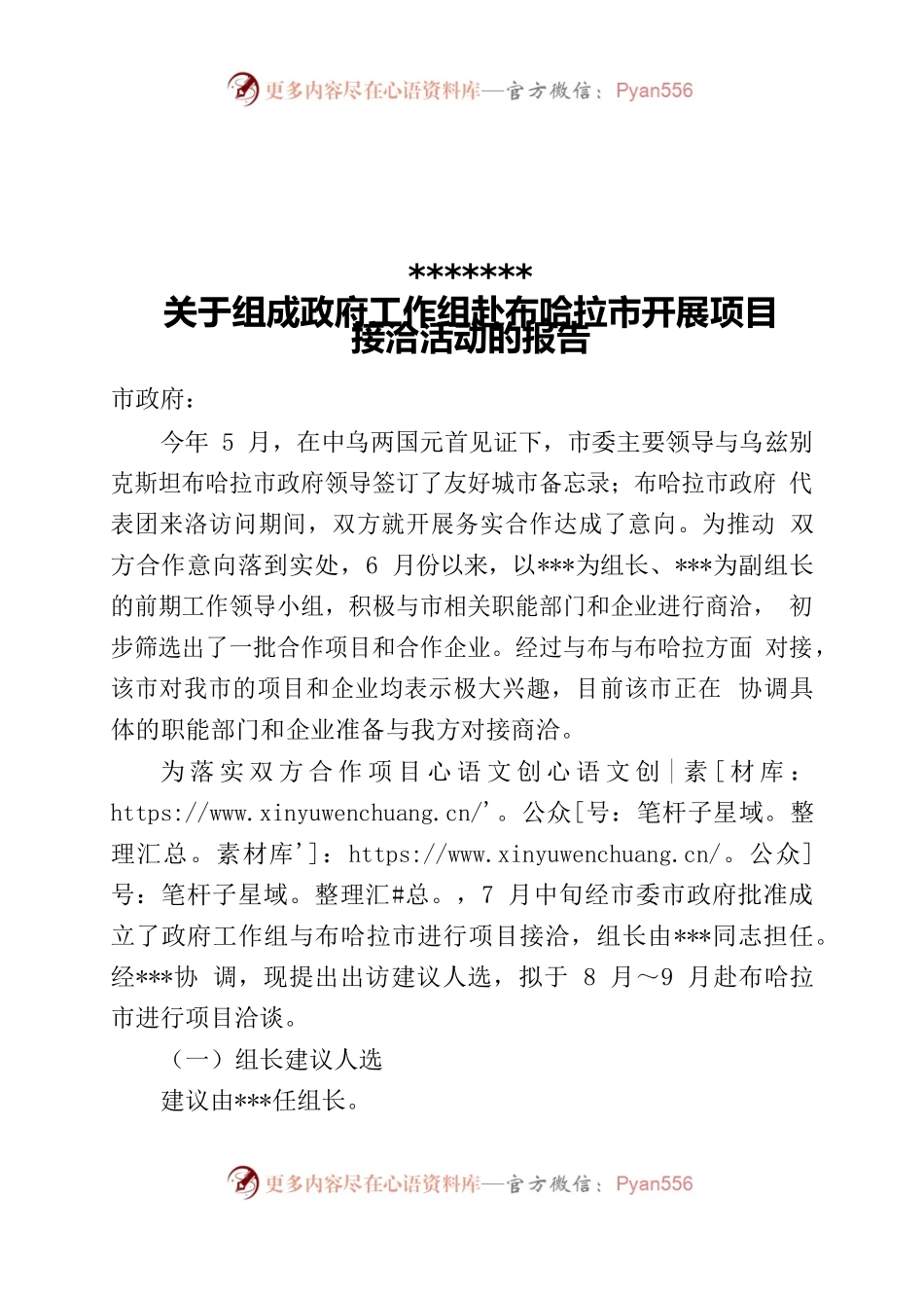 关于组成政府工作组赴布哈拉市开展项目接洽活动的报告.docx_第1页