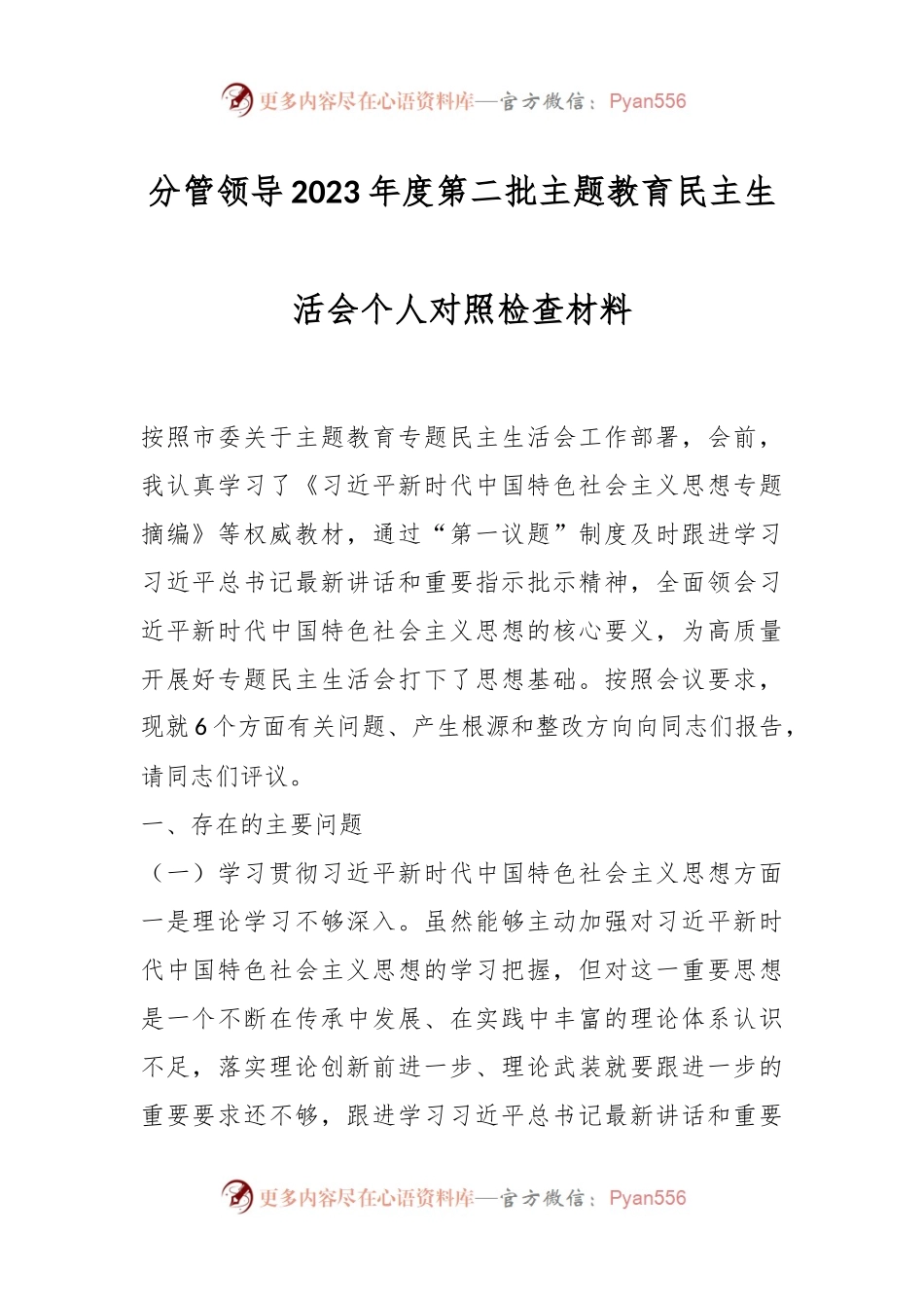 分管领导2023年度第二批主题教育民主生活会个人对照检查材料.docx_第1页