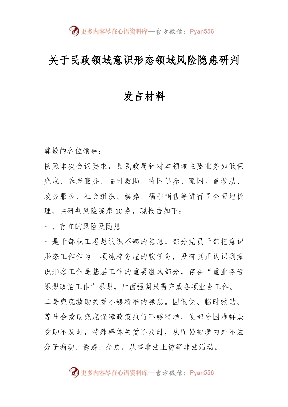 关于民政领域意识形态领域风险隐患研判发言材料.docx_第1页