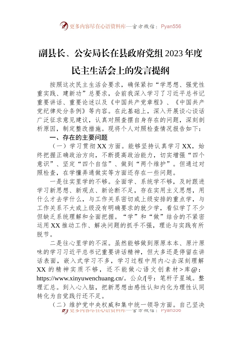 副县长、公安局长在县政府党组2023年度民主生活会上的发言稿提纲.docx_第1页
