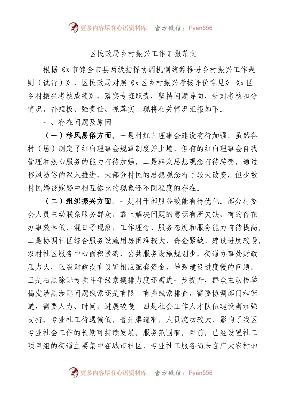 区民政局乡村振兴工作汇报范文存在问题原因打算工作总结报告.docx_第1页