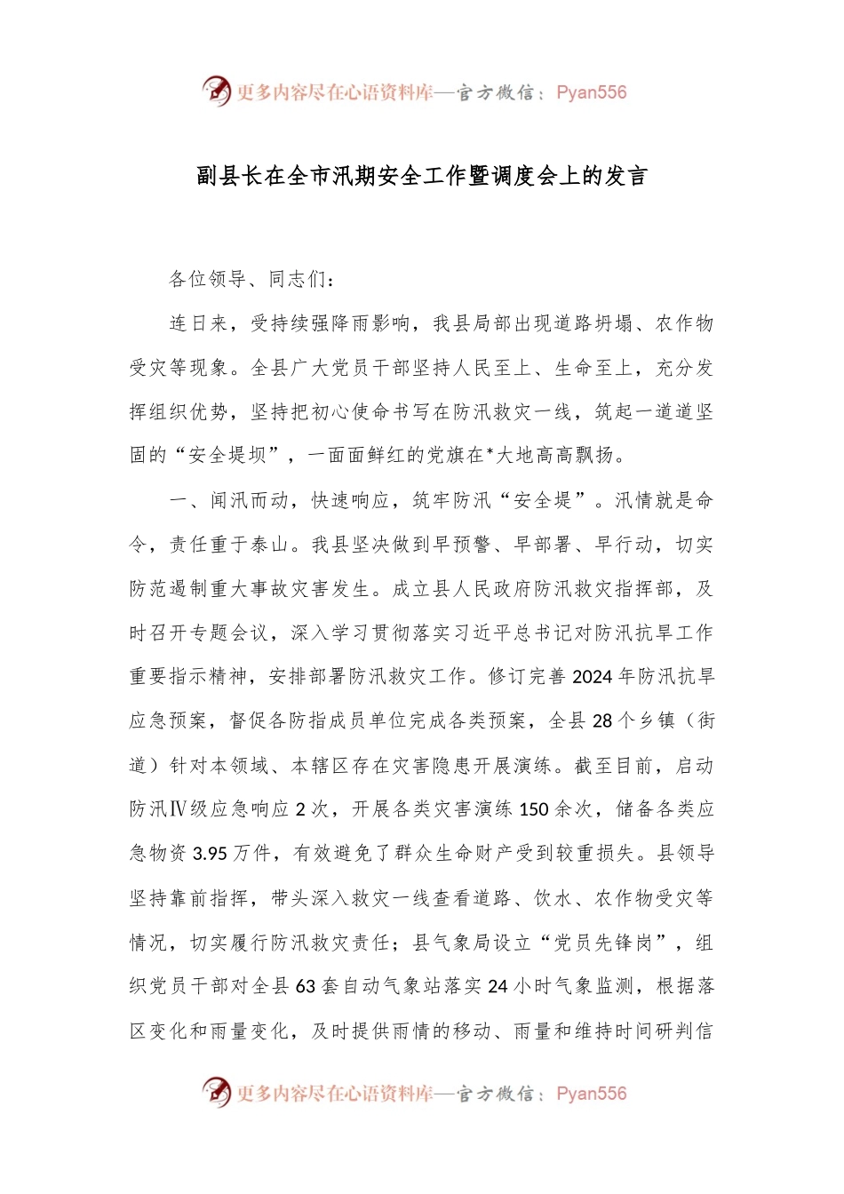 副县长在全市汛期安全工作暨调度会上的发言.docx_第1页