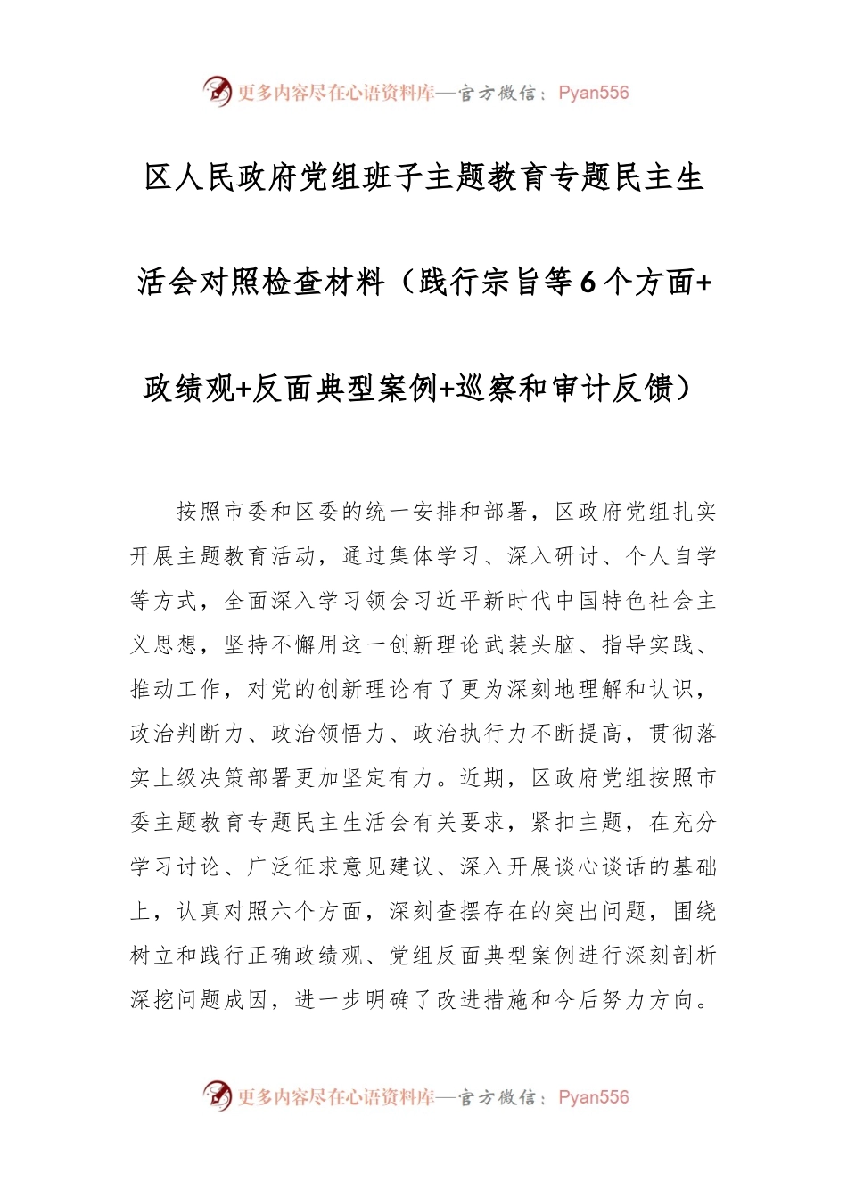 区人民政府党组班子主题教育专题民主生活会对照检查材料（践行宗旨等6个方面+政绩观+反面典型案例+巡察和审计反馈）.docx_第1页