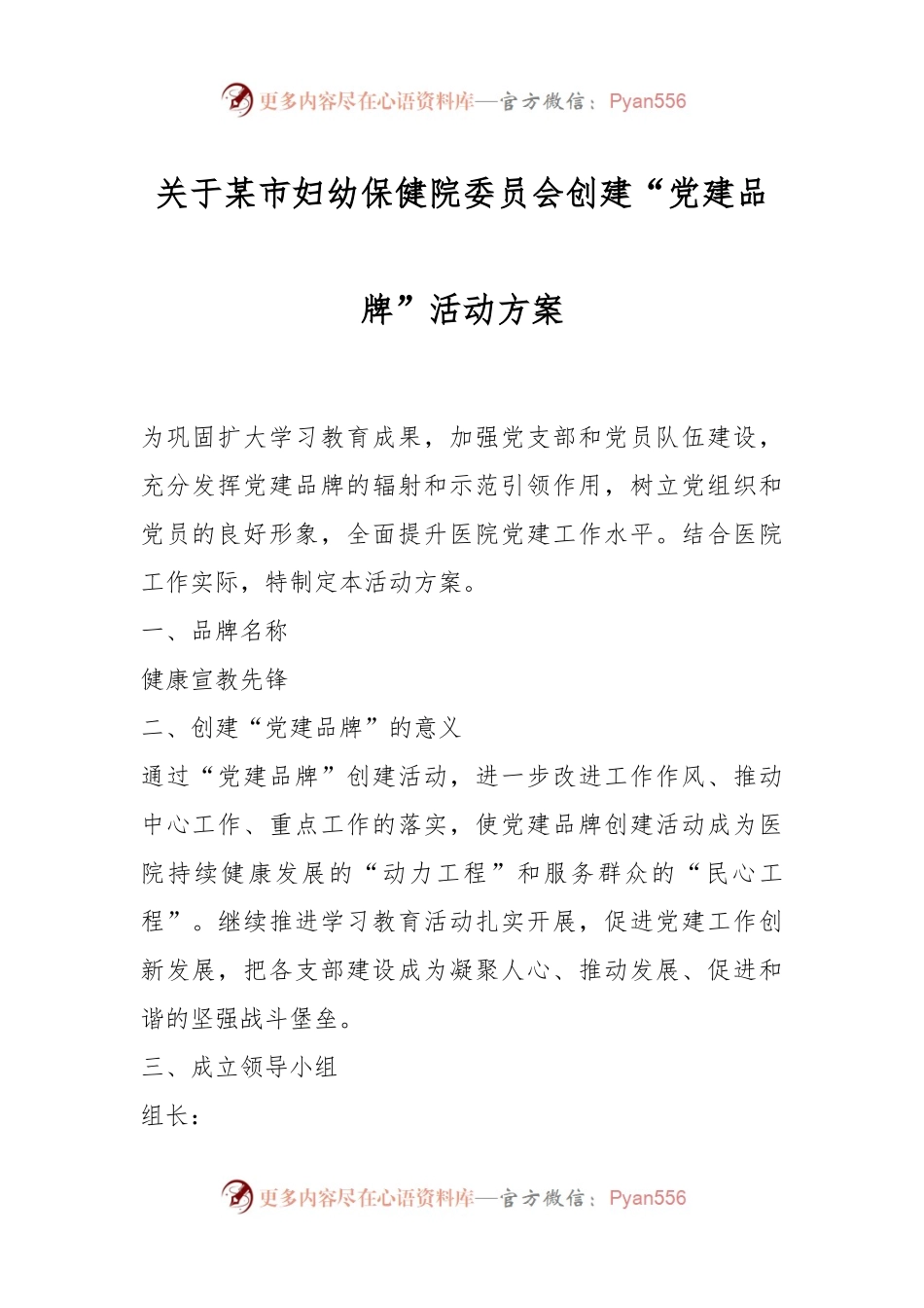 关于某市妇幼保健院委员会创建“党建品牌”活动方案.docx_第1页