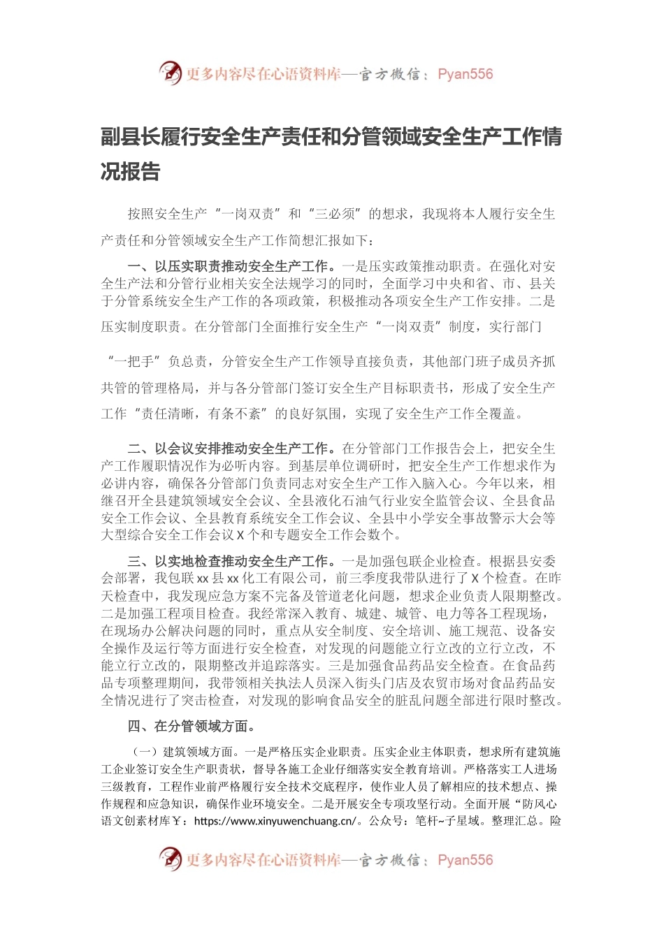 副县长履行安全生产责任和分管领域安全生产工作情况报告.docx_第1页