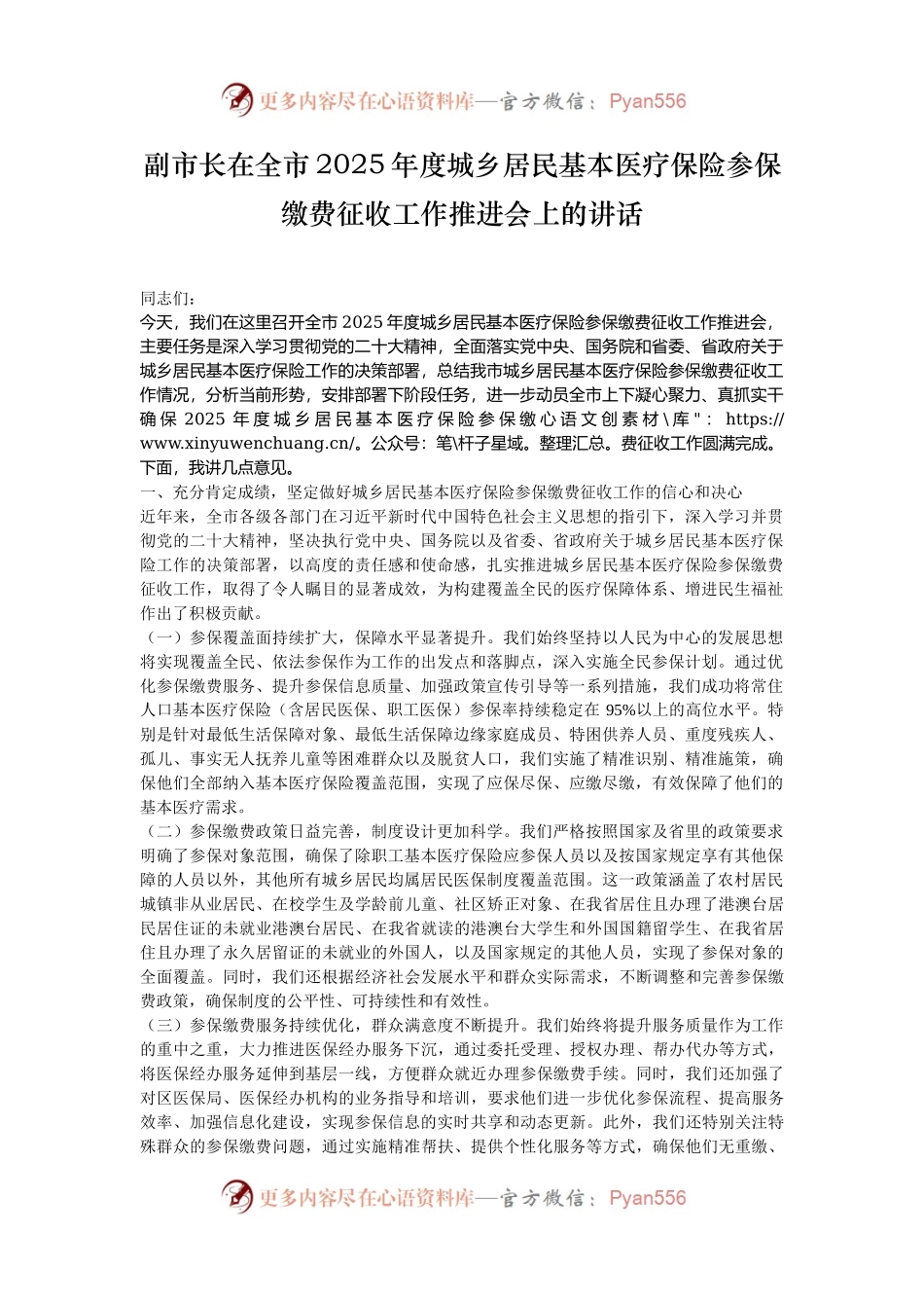 副市长在全市2025年度城乡居民基本医疗保险参保缴费征收工作推进会上的讲话.docx_第1页