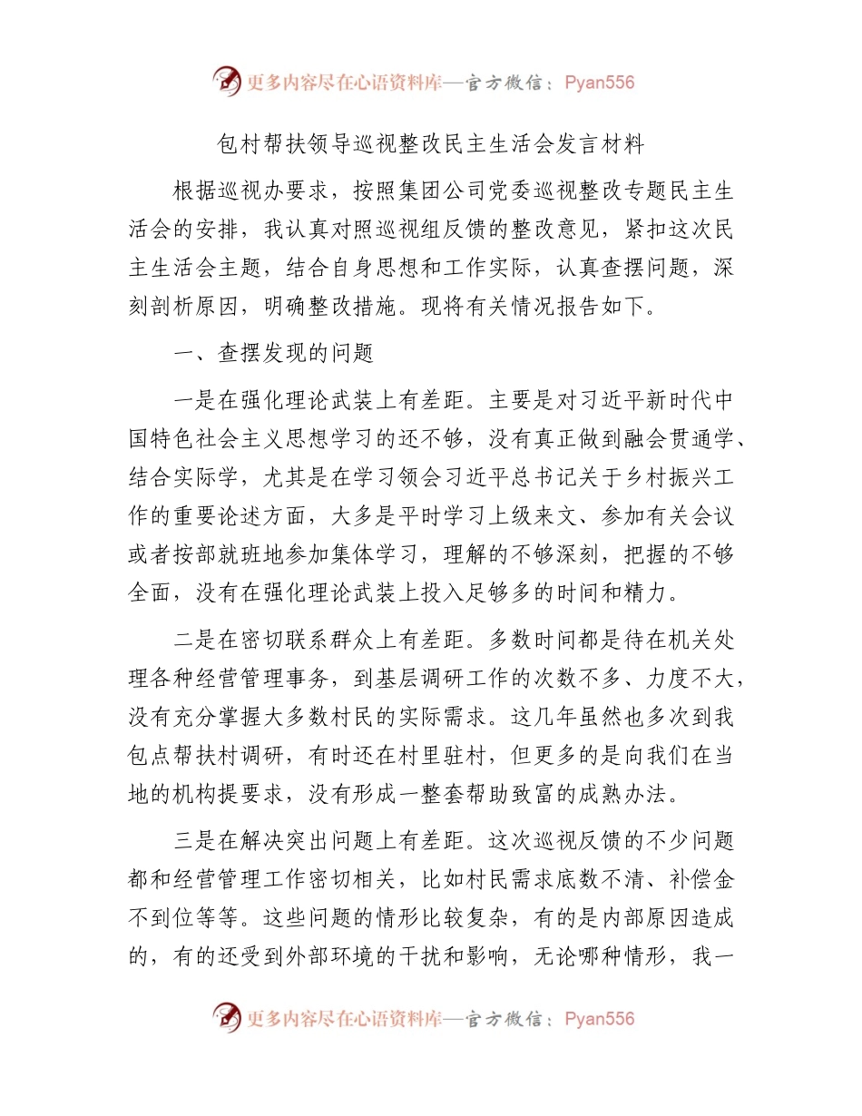 包村帮扶领导巡视（巡察）整改民主生活会发言（公司2000字）.docx_第1页