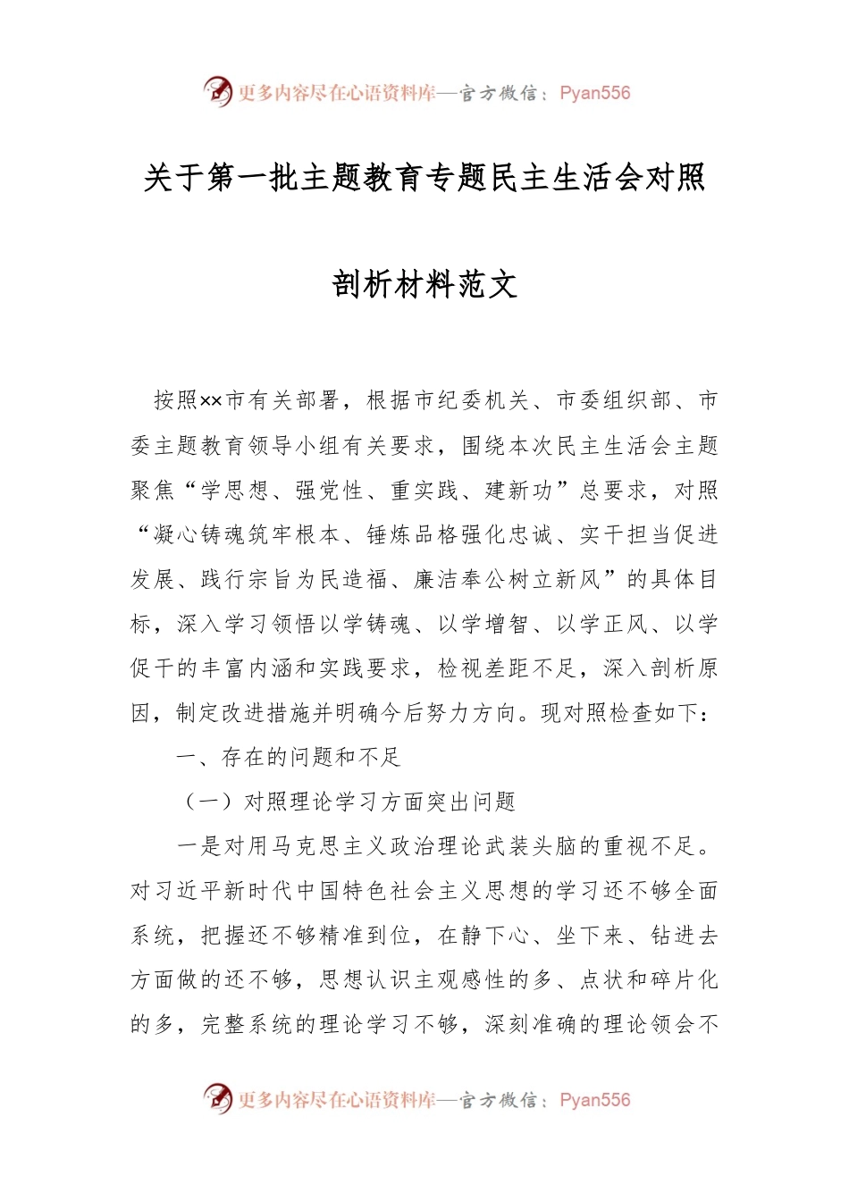 关于第一批主题教育专题民主生活会对照剖析材料范文.docx_第1页