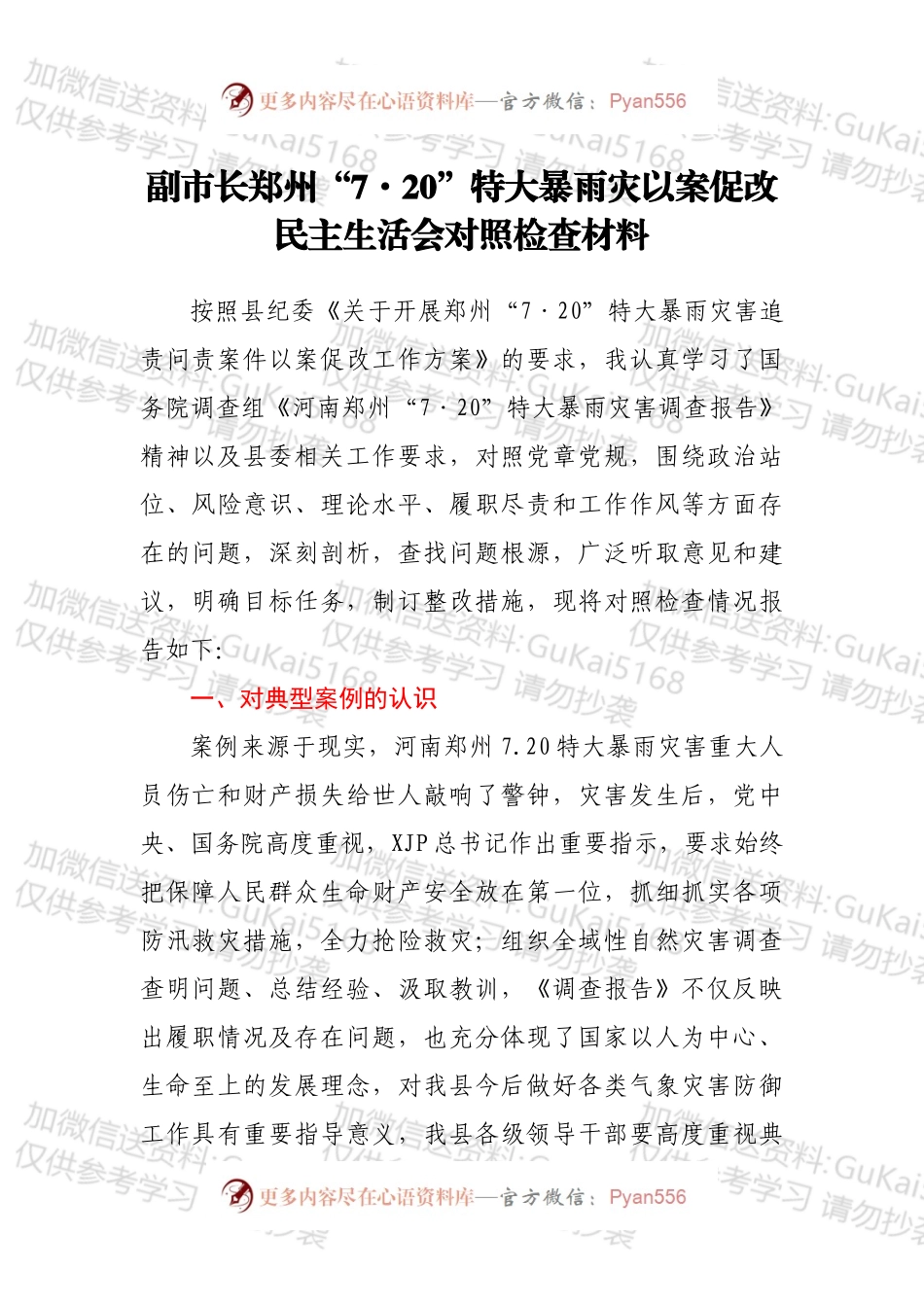 副市长郑州“7·20”特大暴雨灾以案促改民主生活会对照检查材料.docx_第1页
